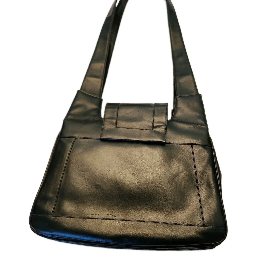 Vintage Lou Taylor Black Leather Shoulder Bag 1970s Designer Purse,Signed Mirror